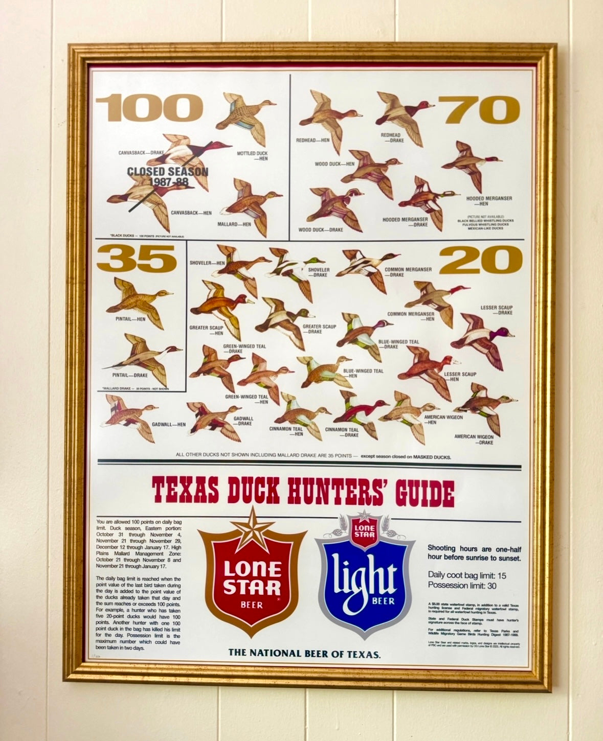 Texas Duck Hunter's Guide 1987 Points system Replica Poster Lone Star beer Print