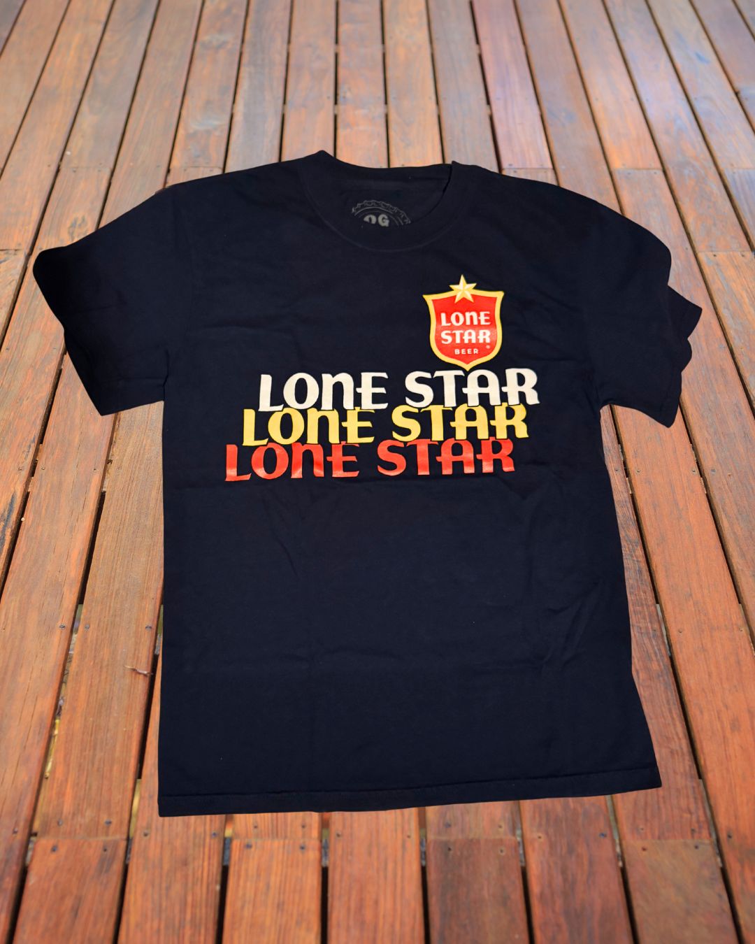 Navy Blue men’s t shirt XL from OG Lone Star officially licensed beer merch Texas vibes with lone star shield and three bold colors red white and yellow 