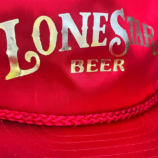 Vintage Red Satin Lone Star Beer Hat with Metallic Gold Lettering