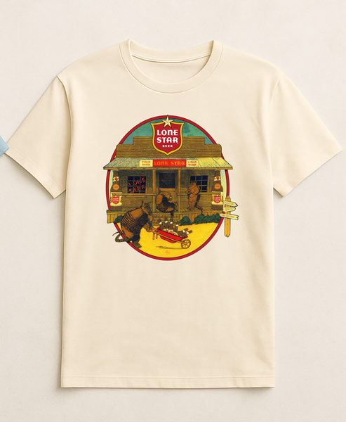 Vintage-style Lone Star Beer graphic T-shirt featuring armadillos outside a rustic Texas country store drinking Lone Star Beer, printed locally in Austin, Texas.