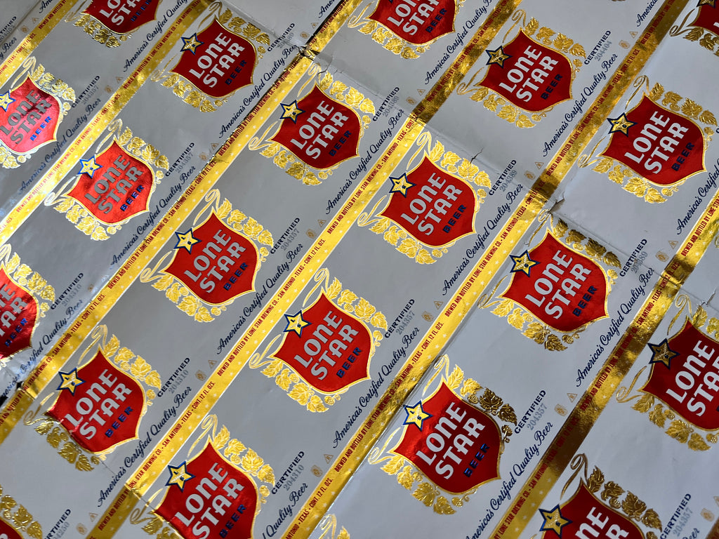 1959 Set of Sheets of Lone Star Embossed Foil Longneck Bottle Labels, with neck label and original bottle.