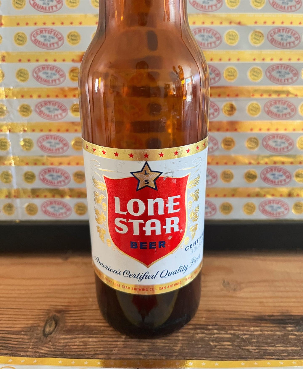 1959 Set of Sheets of Lone Star Embossed Foil Longneck Bottle Labels, with neck label and original bottle.