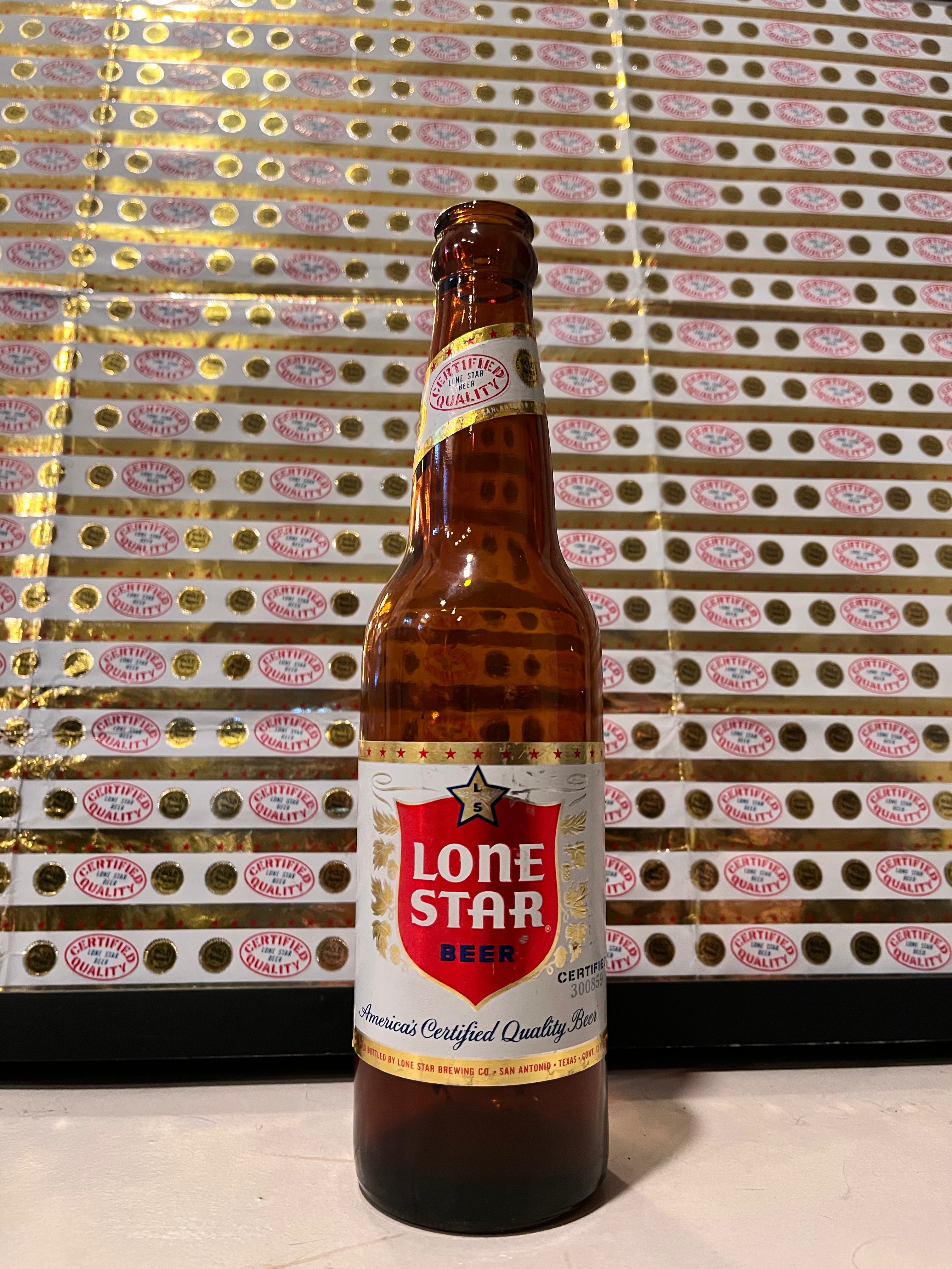 1959 Set of Sheets of Lone Star Embossed Foil Longneck Bottle Labels, with neck label and original bottle.