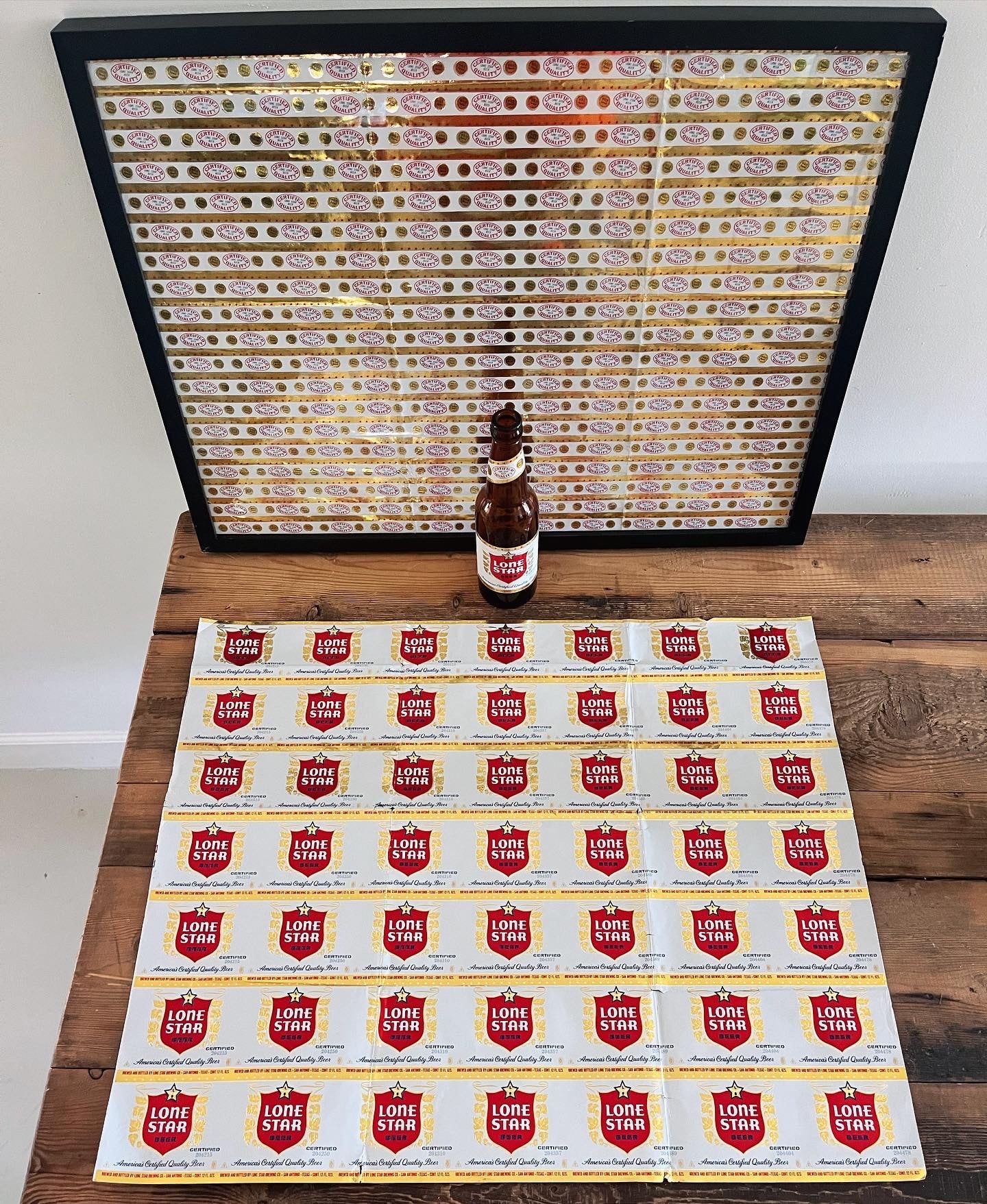 1959 Set of Sheets of Lone Star Embossed Foil Longneck Bottle Labels, with neck label and original bottle.