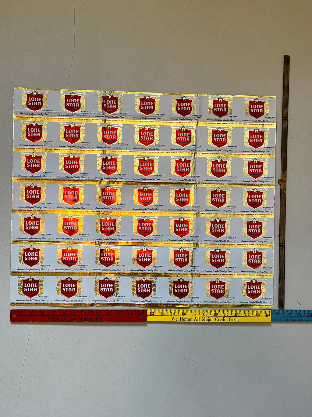 1959 Set of Sheets of Lone Star Embossed Foil Longneck Bottle Labels, with neck label and original bottle.