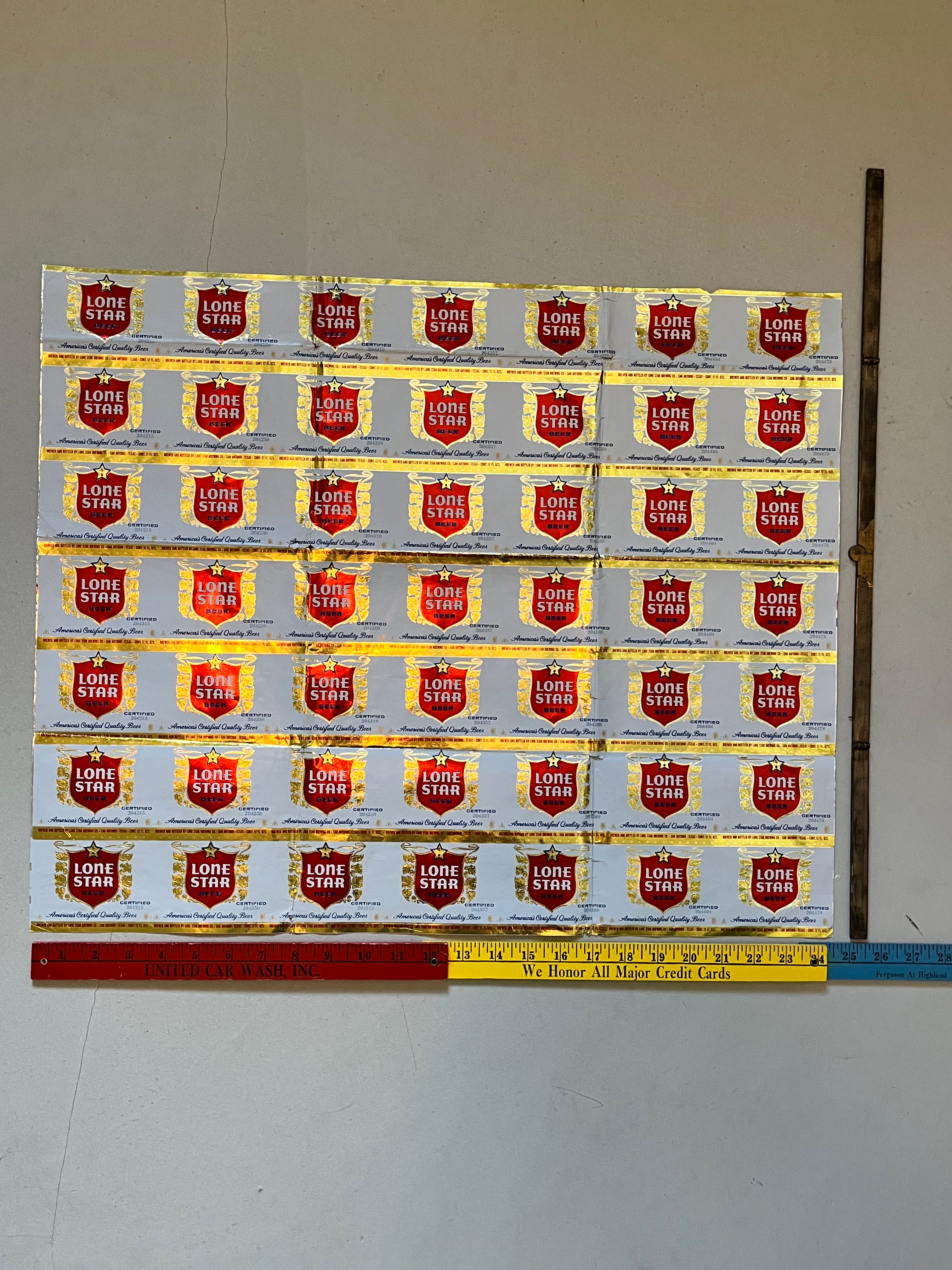 1959 Set of Sheets of Lone Star Embossed Foil Longneck Bottle Labels, with neck label and original bottle.