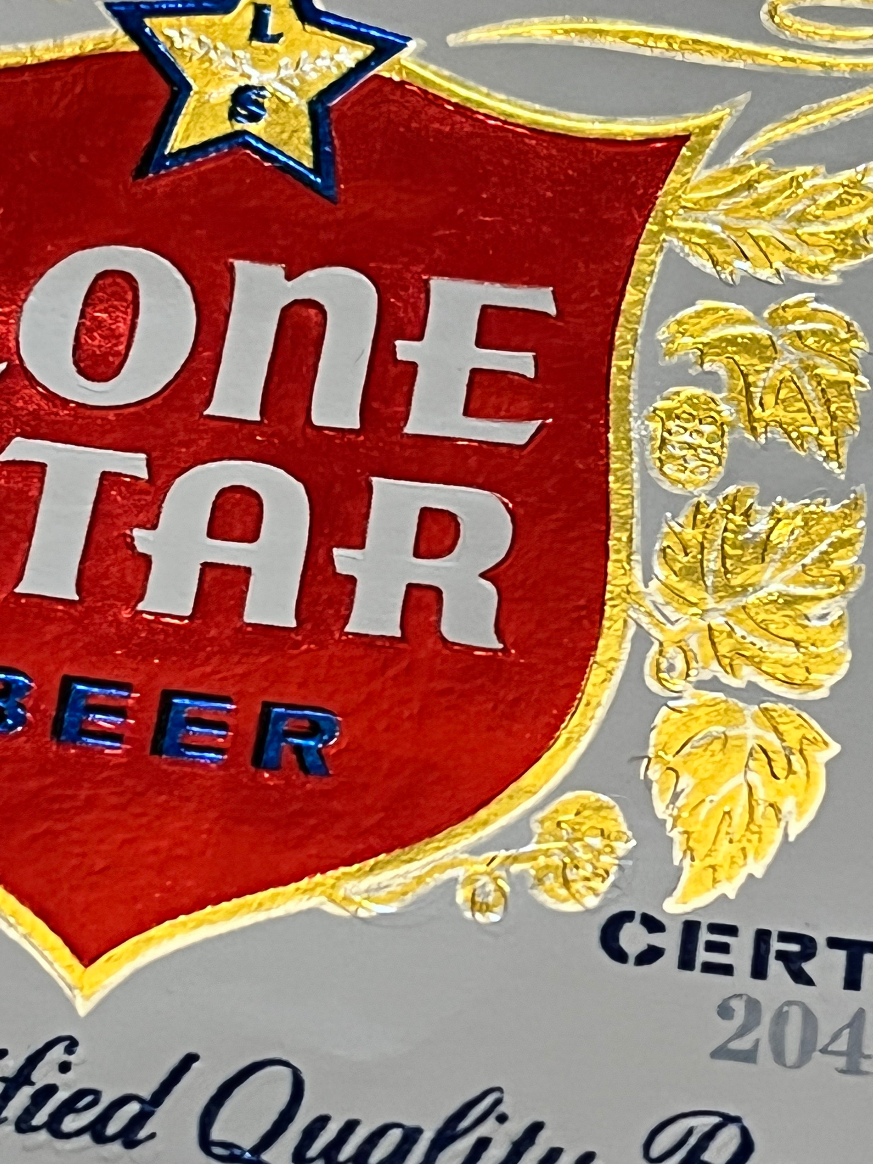 1959 Set of Sheets of Lone Star Embossed Foil Longneck Bottle Labels, with neck label and original bottle.