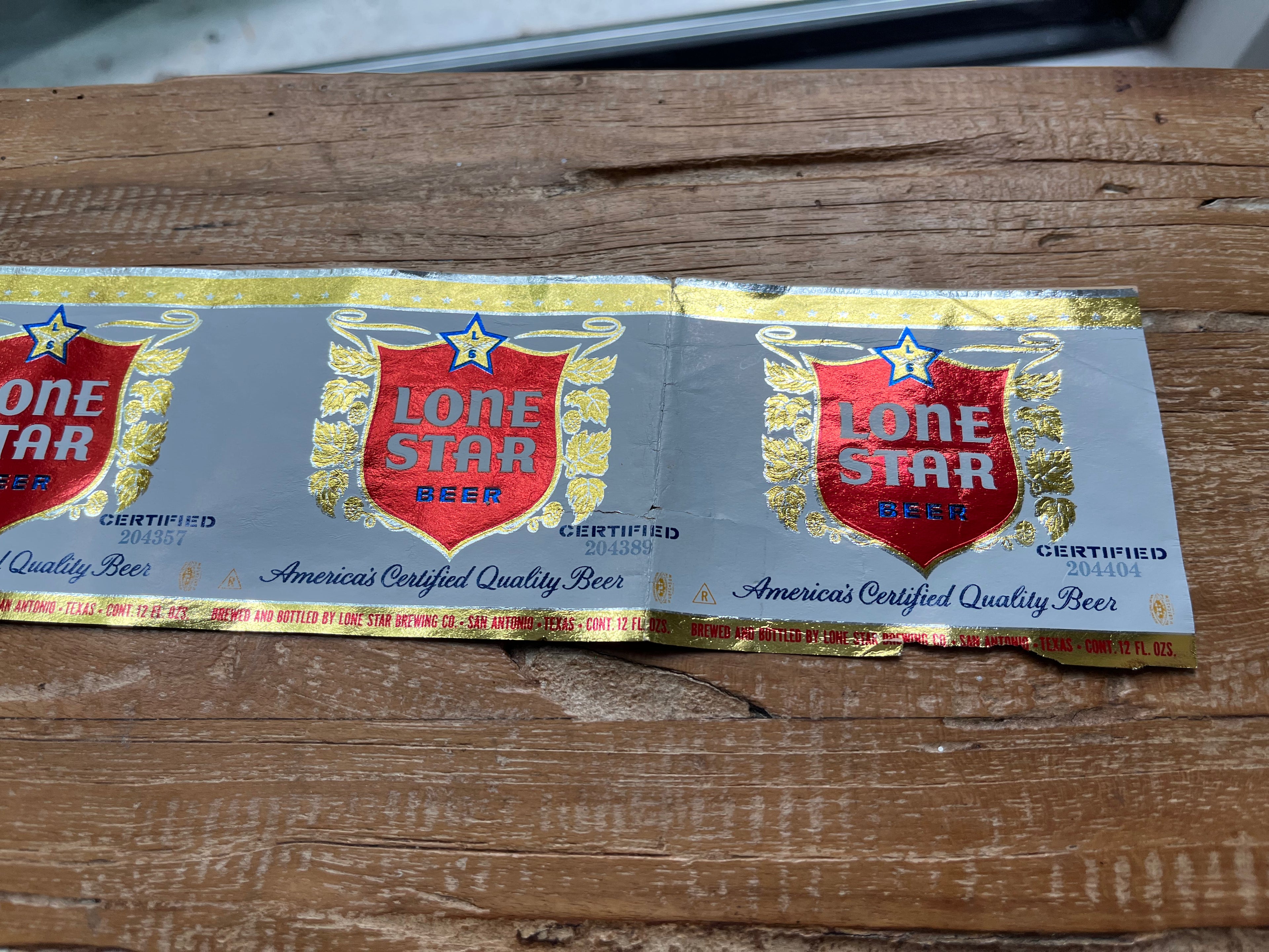 Six Pack Strip of Lone Star Longneck Bottle Labels