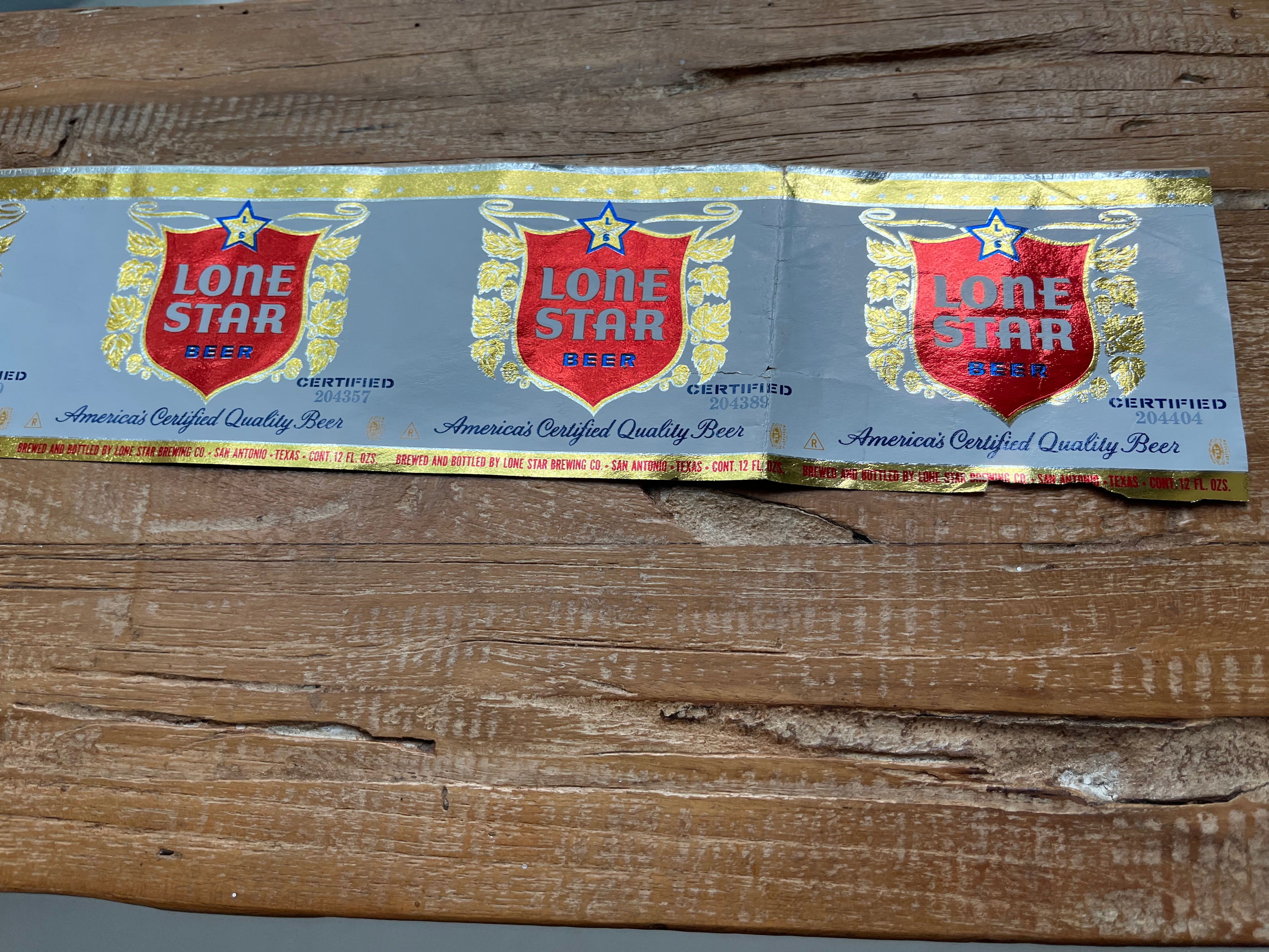 Six Pack Strip of Lone Star Longneck Bottle Labels